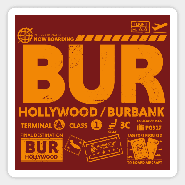 Vintage Hollywood Burbank BUR Airport Code Travel Day Retro Travel Tag California Magnet by Now Boarding